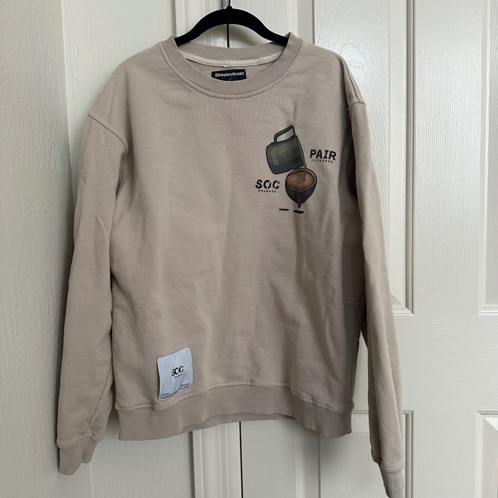 Streetoutcast x Pair Cupworks Coffee Car Graphic Sweatshirt -100% Cotton Beige M